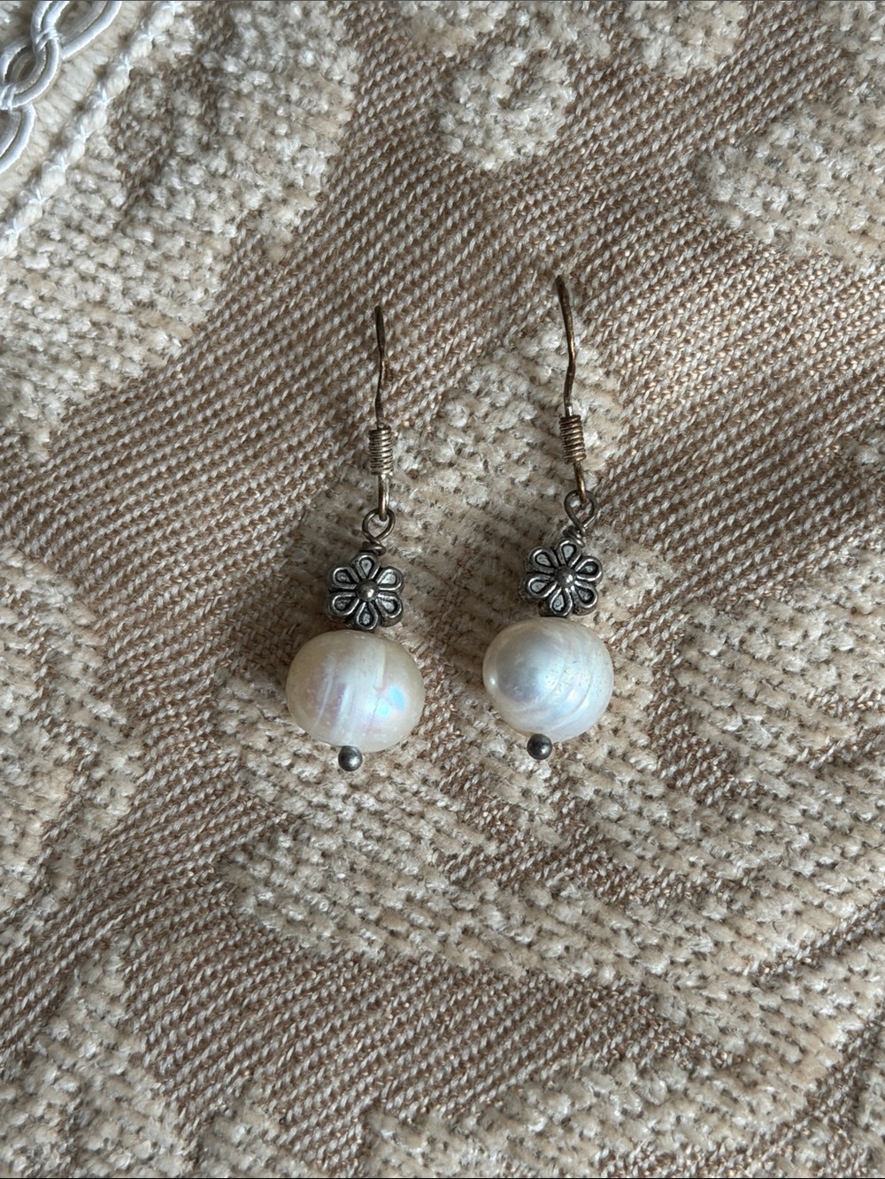 Fresh water white Pearl Drop Earrings with Floral Accent Sterling Silver